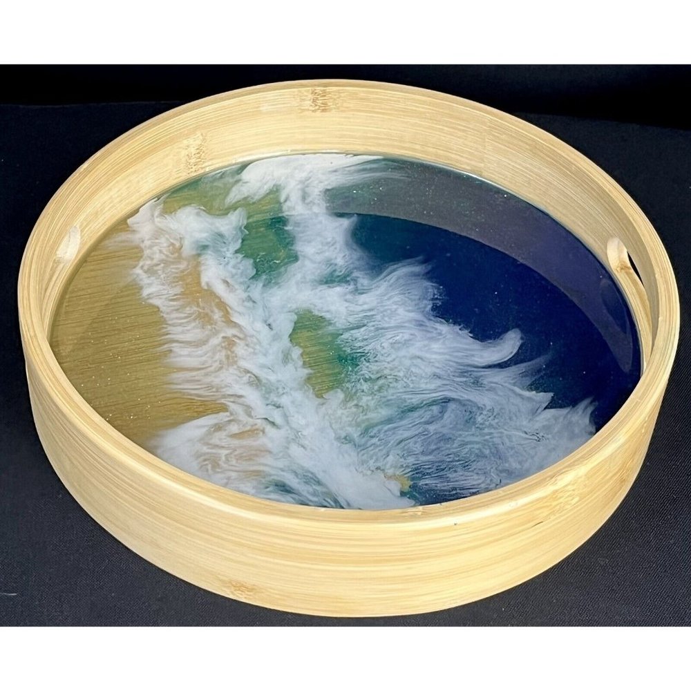 Ocean Resin Art in 10” Bamboo tray, Original Art - Picture 3 of 10